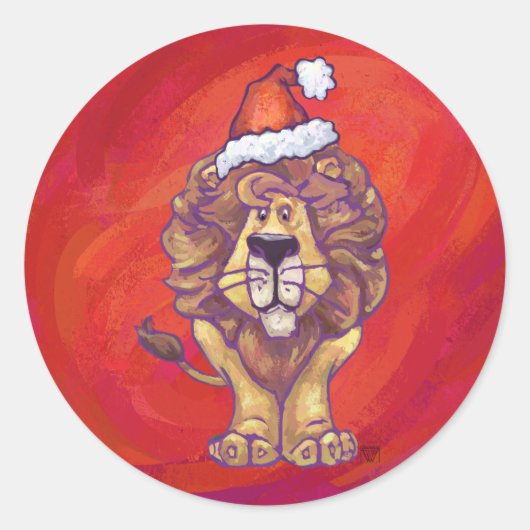 Lion Kerstmis op rood Ronde Sticker (Voorkant)