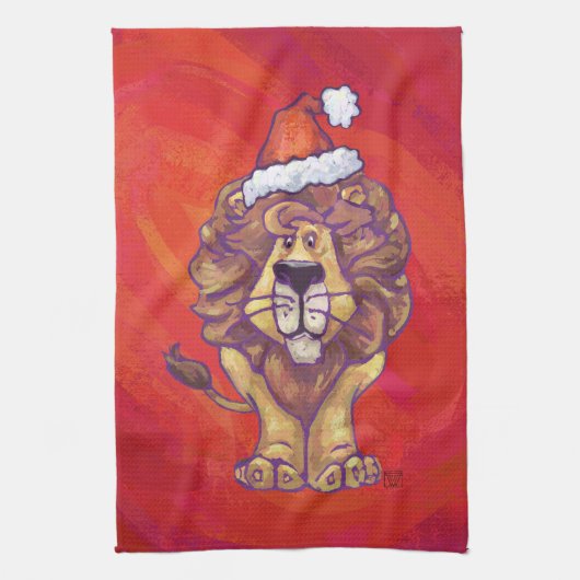 Lion Kerstmis op rood Theedoek (Verticaal)