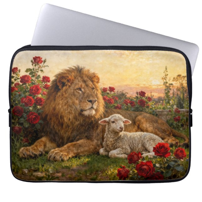 Lion & Lamb in the Roses Laptop Sleeve (Voorkant)