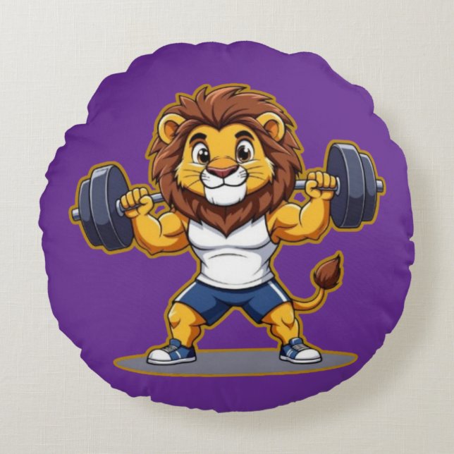 Lion Lifting Light Weights – Cute Gym Animal Illus Rond Kussen (Voorkant)