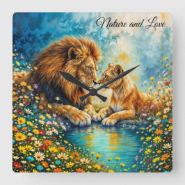 Lion Lioness wilde katten natuur houden van dieren Vierkante Klok