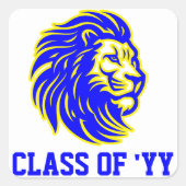 Lion Mascot Blauw en Geel Afstuderen Envelop Vierkante Sticker (Voorkant)