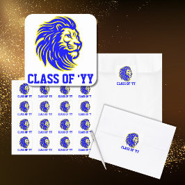 Lion Mascot Blauw en Geel Afstuderen Envelop Vierkante Sticker