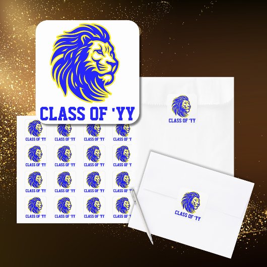 Lion Mascot Blauw en Geel Afstuderen Envelop Vierkante Sticker
