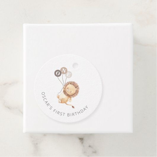 Lion met 3 bruine ballonnen bedankjes labels (In situ)