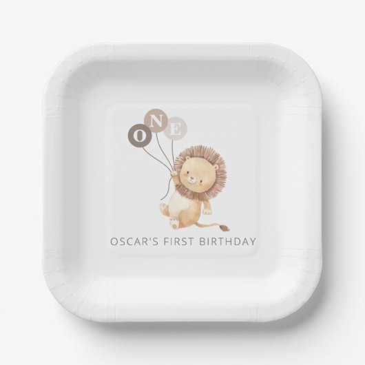 Lion met 3 bruine ballonnen papieren bordje (Voorkant)