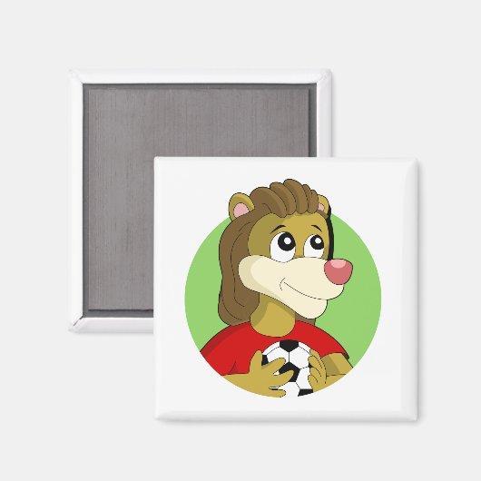 Lion met een voetbal cartoon magneet (Voorkant / Achterkant)