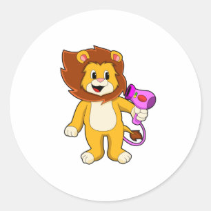 Lion met haardroger ronde sticker