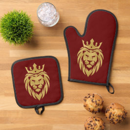 Lion met kroon - gouden stijl 3 ovenwant & pannenlap set