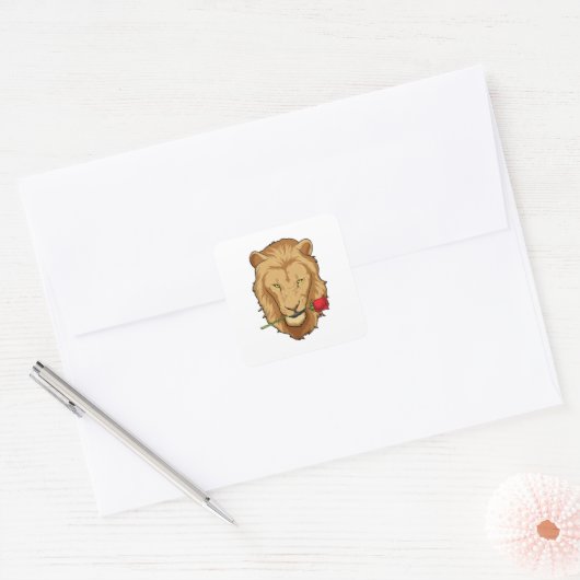Lion met Roos Vierkante Sticker (Envelop)
