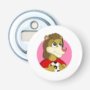 Lion met voetbal cartoon flesopening button flesopener