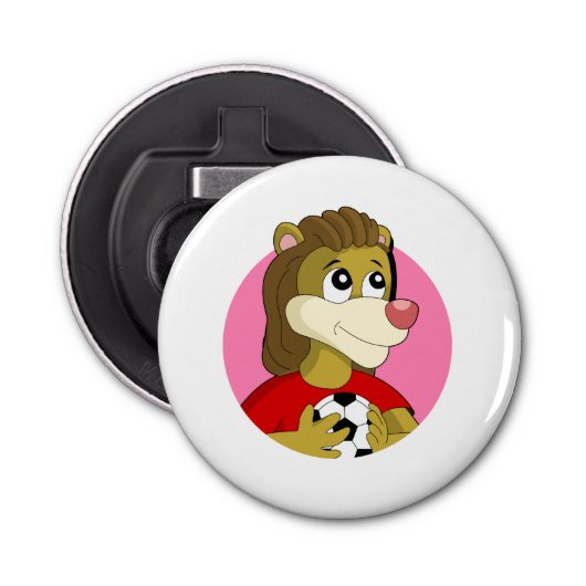 Lion met voetbal cartoon flesopening button flesopener (Voorkant)