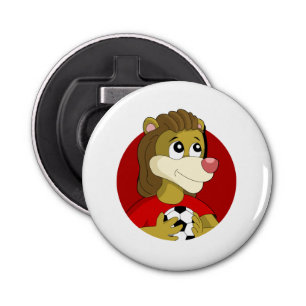 Lion met voetbal cartoon flesopening button flesopener