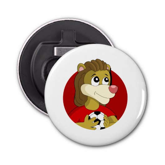 Lion met voetbal cartoon flesopening button flesopener (Voorkant)