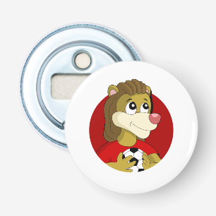 Lion met voetbal cartoon flesopening button flesopener