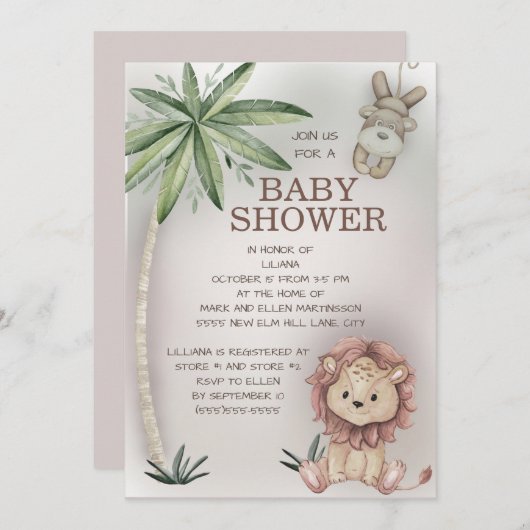 Lion Monkey Tropical Palm Tree Safari Baby shower Kaart (Voorkant / Achterkant)