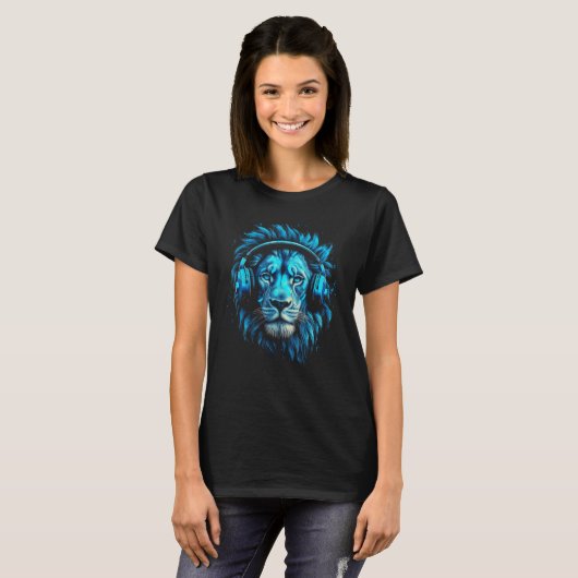 Lion Music Head Handset Blue Eyes Zoo Animal Lion T-shirt (Voorkant volledig)