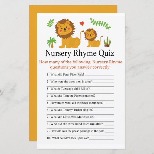 Lion Nursery Rhyme Quiz baby shower game (Voorkant / Achterkant)