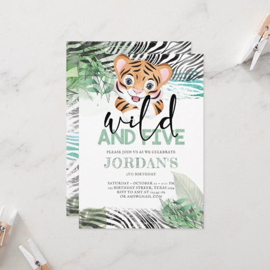 Lion Oerwoud Cute 5th Birthday Invitation Kaart (Voorkant / Achterkant in situ)