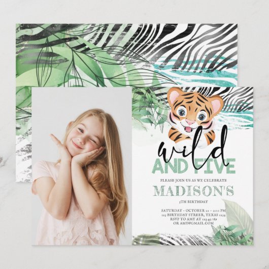 Lion Oerwoud Cute 5th Birthday Photo Invitation Kaart (Voorkant / Achterkant)