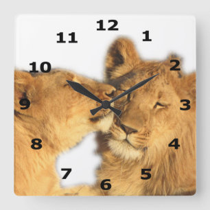 Lion Pair Wall Clock (met zwarte numerieke insteek Vierkante Klok