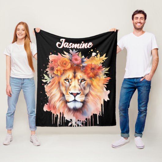 Lion Pastel Flowers Safari Waterverf Savannah Cat Fleece Deken (In situ)