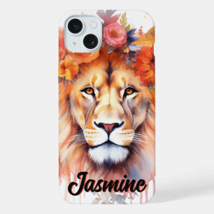 Lion Pastel Flowers Safari Waterverf Savannah Cat iPhone 15 Plus Case
