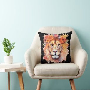 Lion Pastel Flowers Safari Waterverf Savannah Cat Kussen