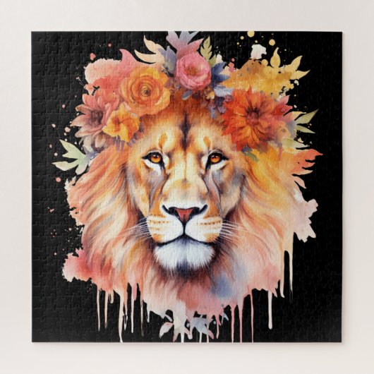 Lion Pastel Flowers Safari Waterverf Savannah Cat Legpuzzel (Verticaal)