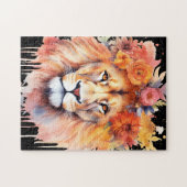 Lion Pastel Flowers Safari Waterverf Savannah Cat Legpuzzel (Horizontaal)