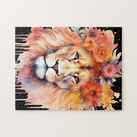 Lion Pastel Flowers Safari Waterverf Savannah Cat Legpuzzel (Horizontaal)