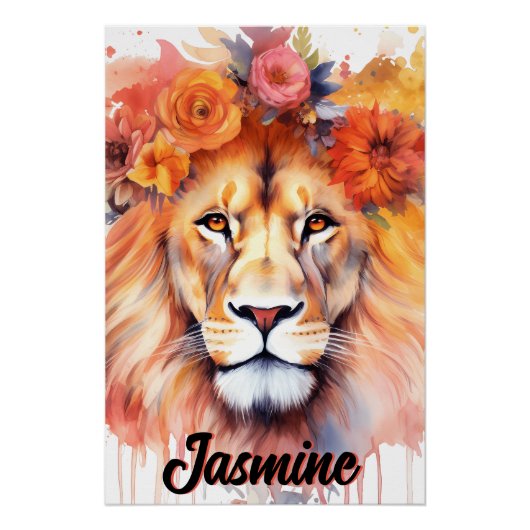 Lion Pastel Flowers Safari Waterverf Savannah Cat Perfect Poster (Voorkant)