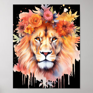 Lion Pastel Flowers Safari Waterverf Savannah Cat Poster