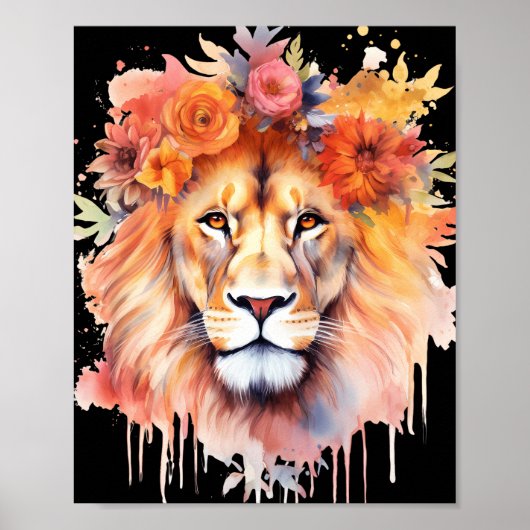 Lion Pastel Flowers Safari Waterverf Savannah Cat Poster (Voorkant)
