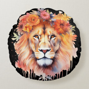 Lion Pastel Flowers Safari Waterverf Savannah Cat Rond Kussen