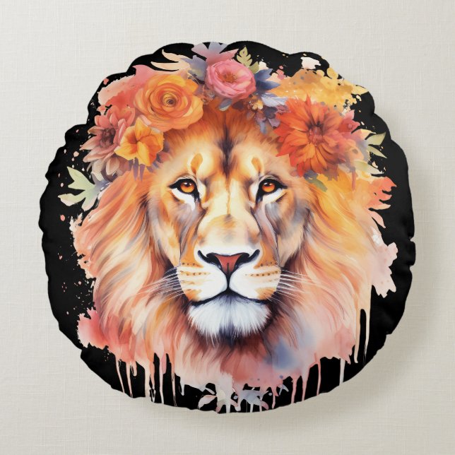 Lion Pastel Flowers Safari Waterverf Savannah Cat Rond Kussen (Voorkant)