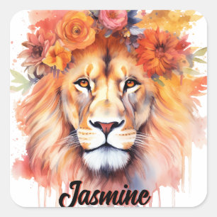 Lion Pastel Flowers Safari Waterverf Savannah Cat Vierkante Sticker