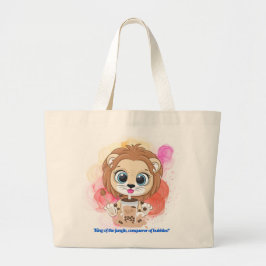 Lion quote cartoon drink bobba tea grote tote bag