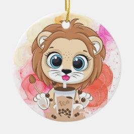 Lion quote cartoon drink bobba tea. keramisch ornament