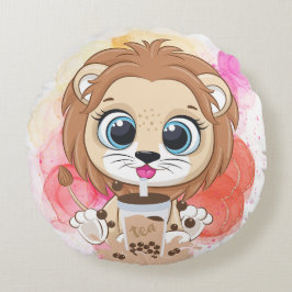 Lion quote cartoon drink bobba tea. rond kussen