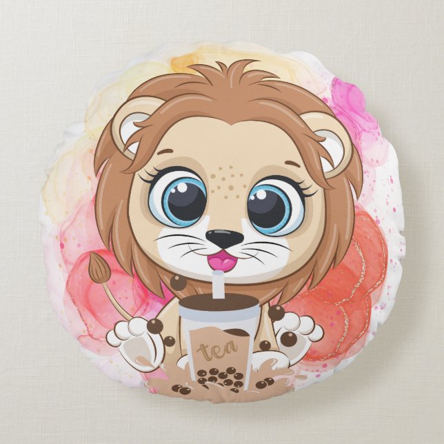 Lion quote cartoon drink bobba tea. rond kussen (Voorkant)