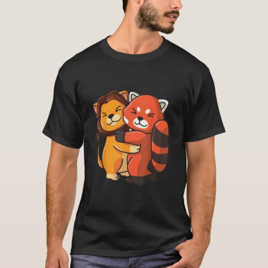Lion Red Panda Hugging Kawaii Animal T-shirt (Voorkant)
