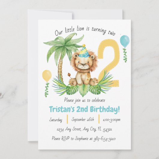 Lion Safari 2nd Birthday Invitation Kaart (Voorkant)