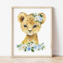 Lion, Safari, Oerwoud, Blue Flowers, Boy Nursery Foto Afdruk