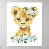 Lion, Safari, Oerwoud, Blue Flowers, Boy Nursery Poster (Voorkant)