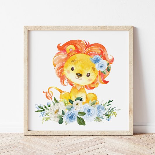 Lion, Safari, Oerwoud, Blue Flowers, Boy Nursery Poster