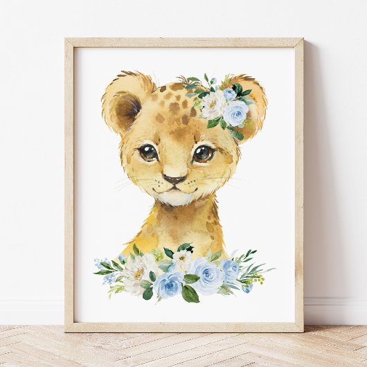 Lion, Safari, Oerwoud, Blue Flowers, Boy Nursery Poster