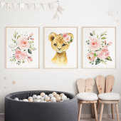 Lion, Safari, Oerwoud, Roze Bloemen, Meisjessery Muurkunst Sets