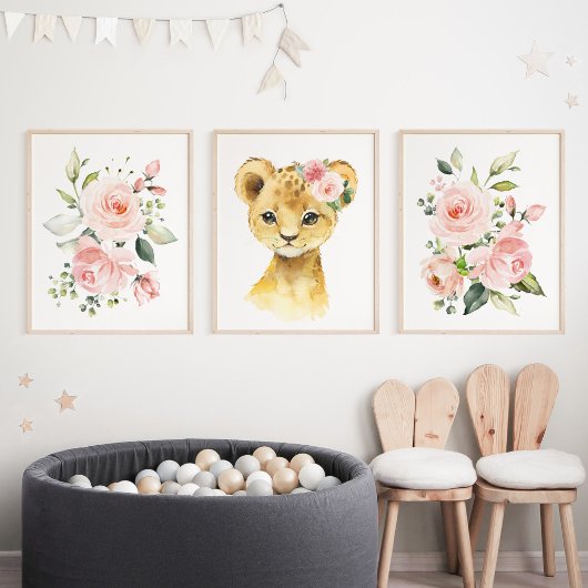 Lion, Safari, Oerwoud, Roze Bloemen, Meisjessery Muurkunst Sets