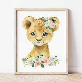 Lion, Safari, Oerwoud, Roze Bloemen, Meisjessery Poster